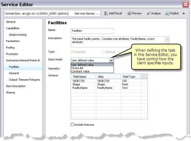 Defining the input mode in the Service Editor